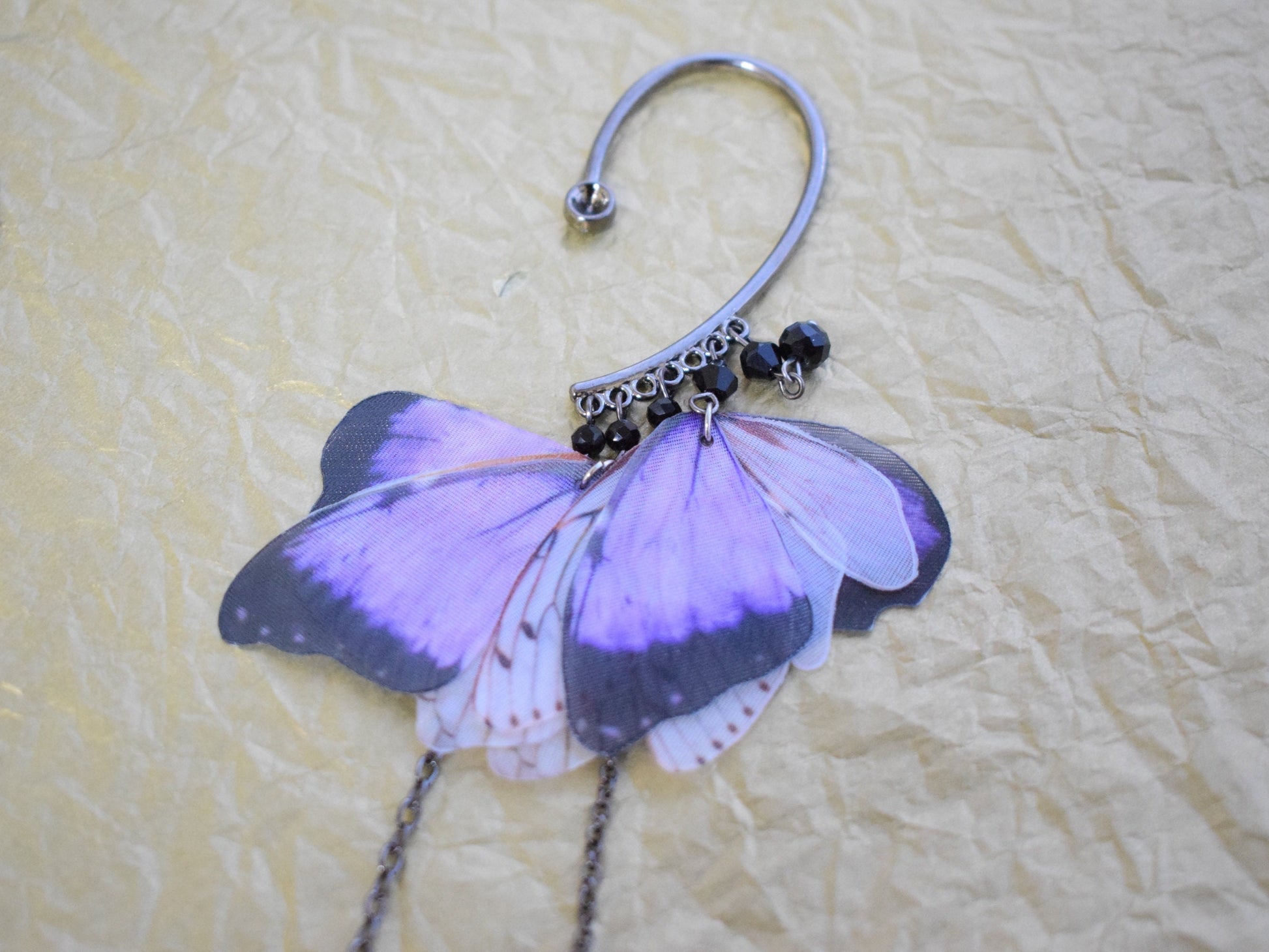 Purple silk butterfly wings ear cuff no piercing and hair clip