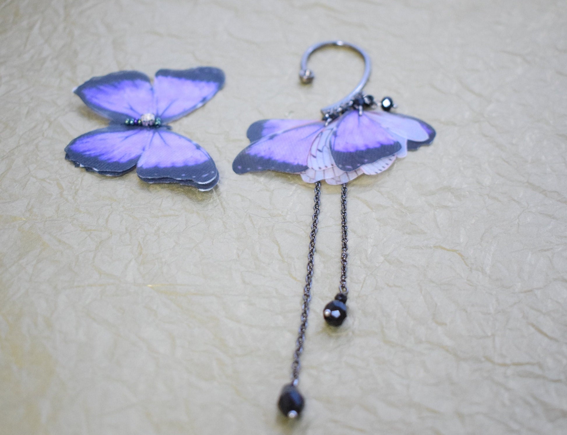 Purple silk butterfly wings ear cuff no piercing and hair clip