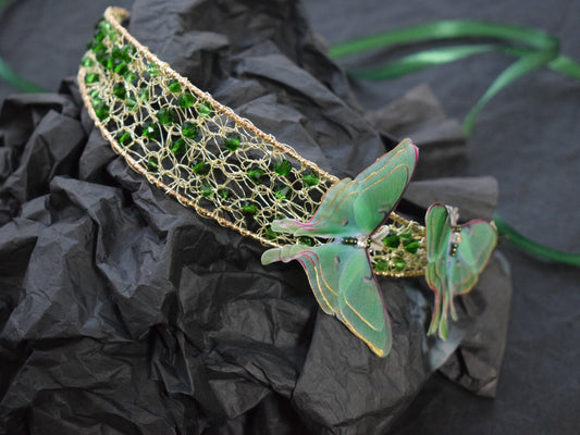 Luna moth hair crown green crystals and gold wire