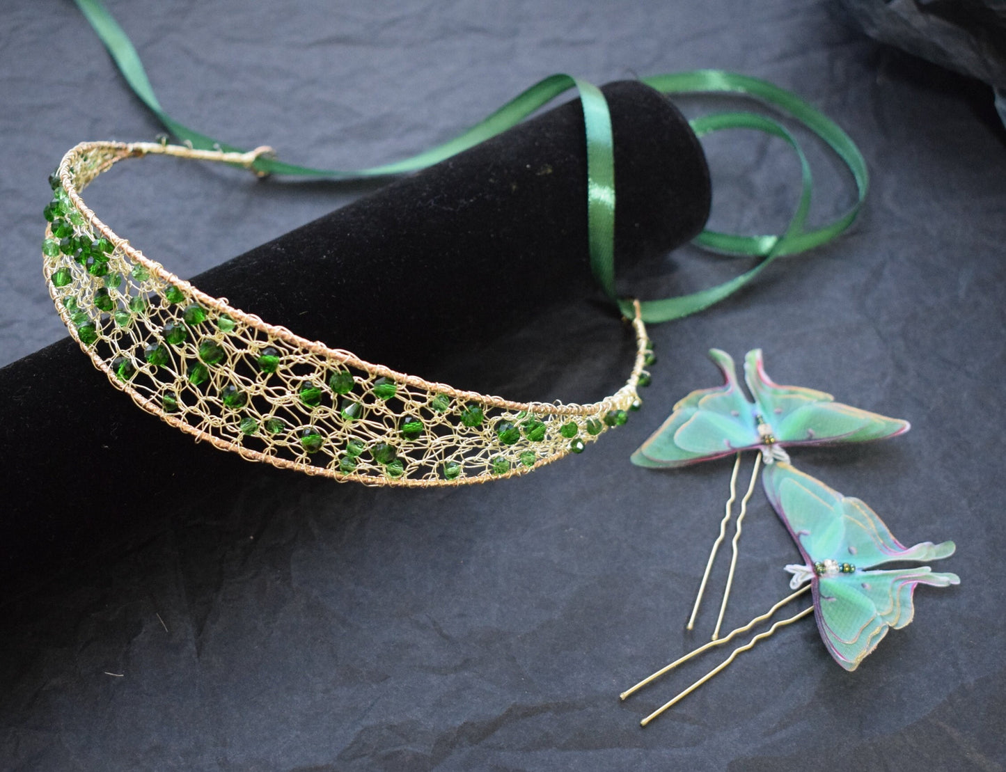 Luna moth hair crown green crystals and gold wire