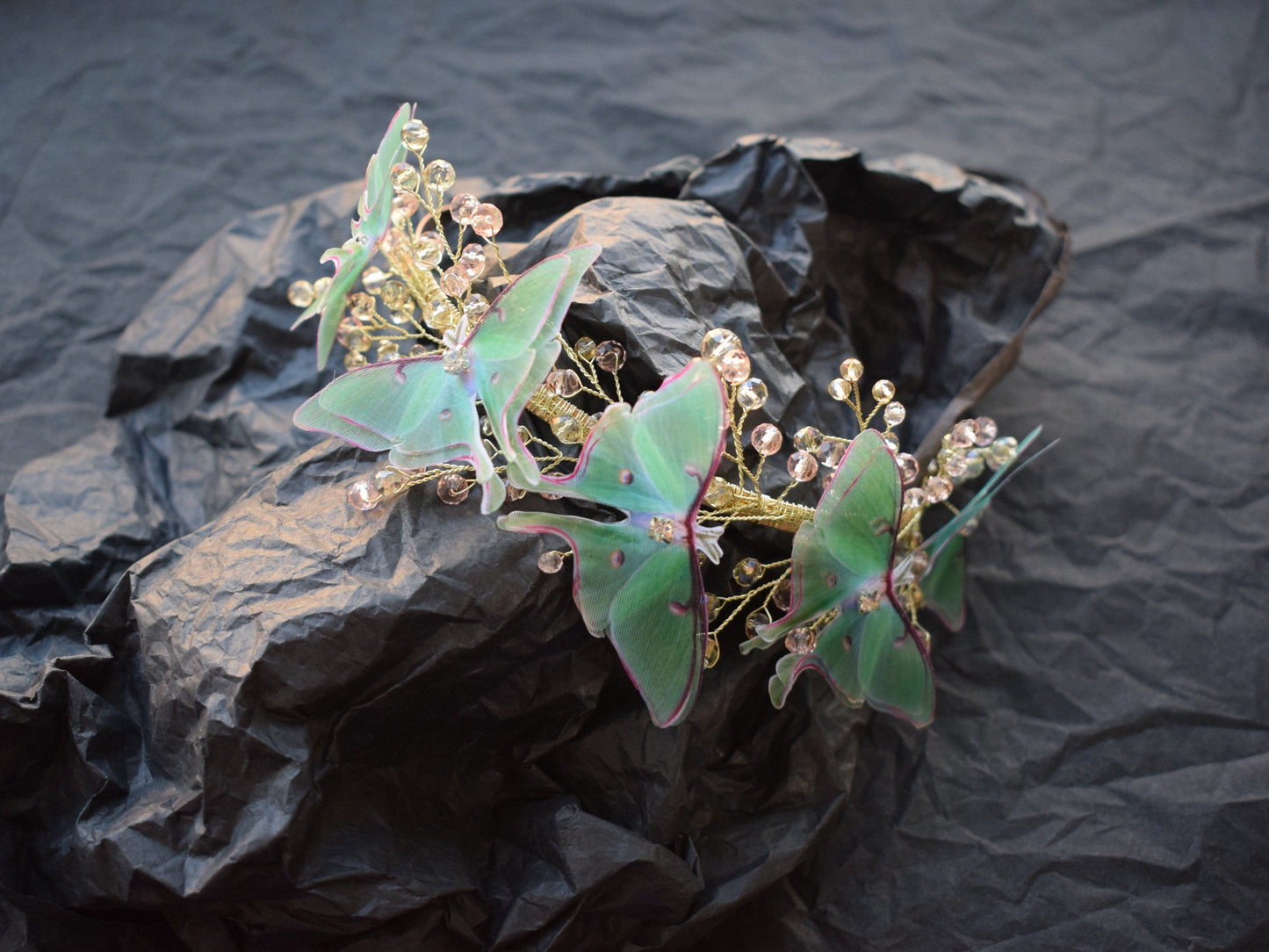 Luna moth crystals and gold wire headband