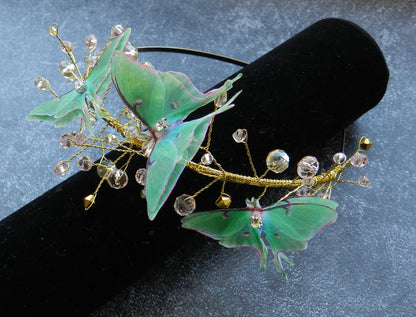 Luna moth crystals and gold wire headband