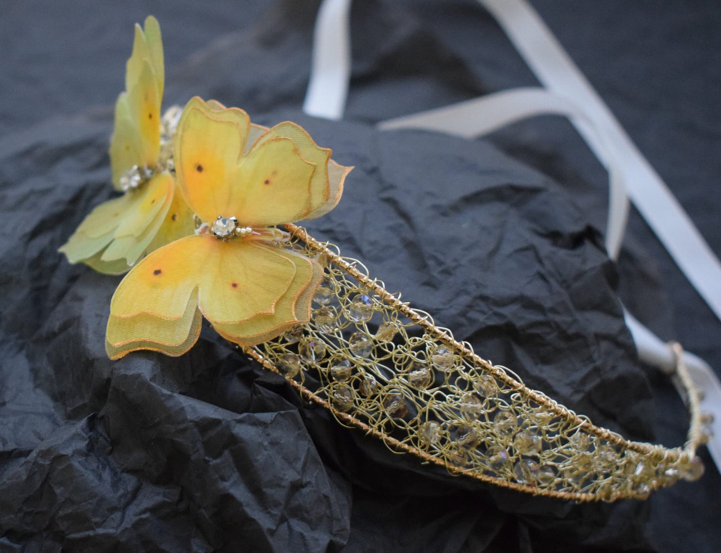 Yellow silk butterflies hair crown golden crystals and wire