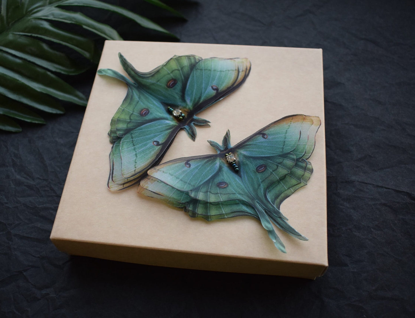 Green silk hair clips luna moth extra large lapel pin brooch layered wings - butterfly hair jewelry for women and girl