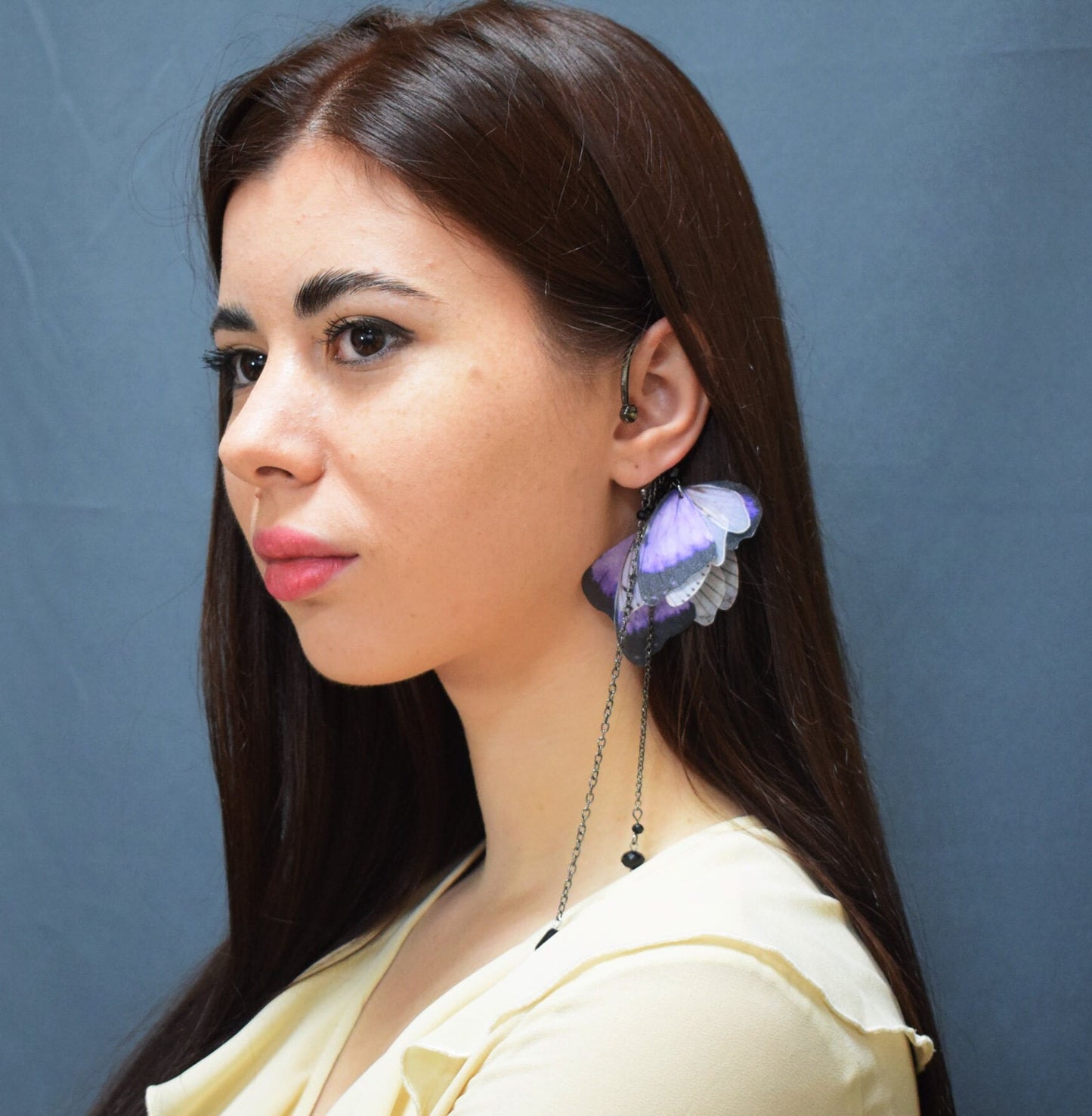 Purple silk butterfly wings ear cuff no piercing and hair clip