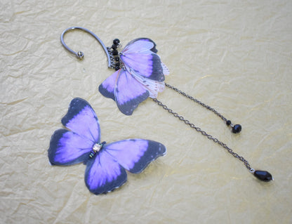 Purple silk butterfly wings ear cuff no piercing and hair clip