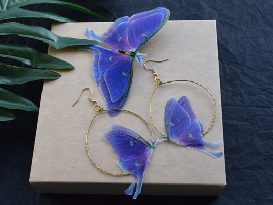 Purple Luna Moth Hoop Earrings and Hair Clip with silk organza moving wings jewelry gift for girl and woman