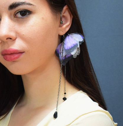 Purple silk butterfly wings ear cuff no piercing and hair clip