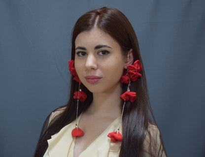 Ear cuff no piercing red silk flowers