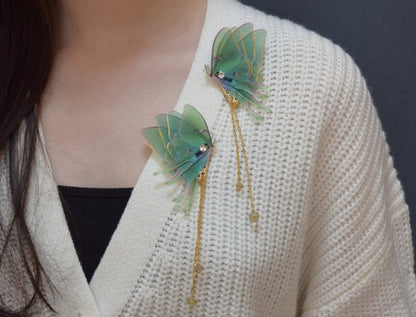 Silk luna moth butterfly collar clip with chains