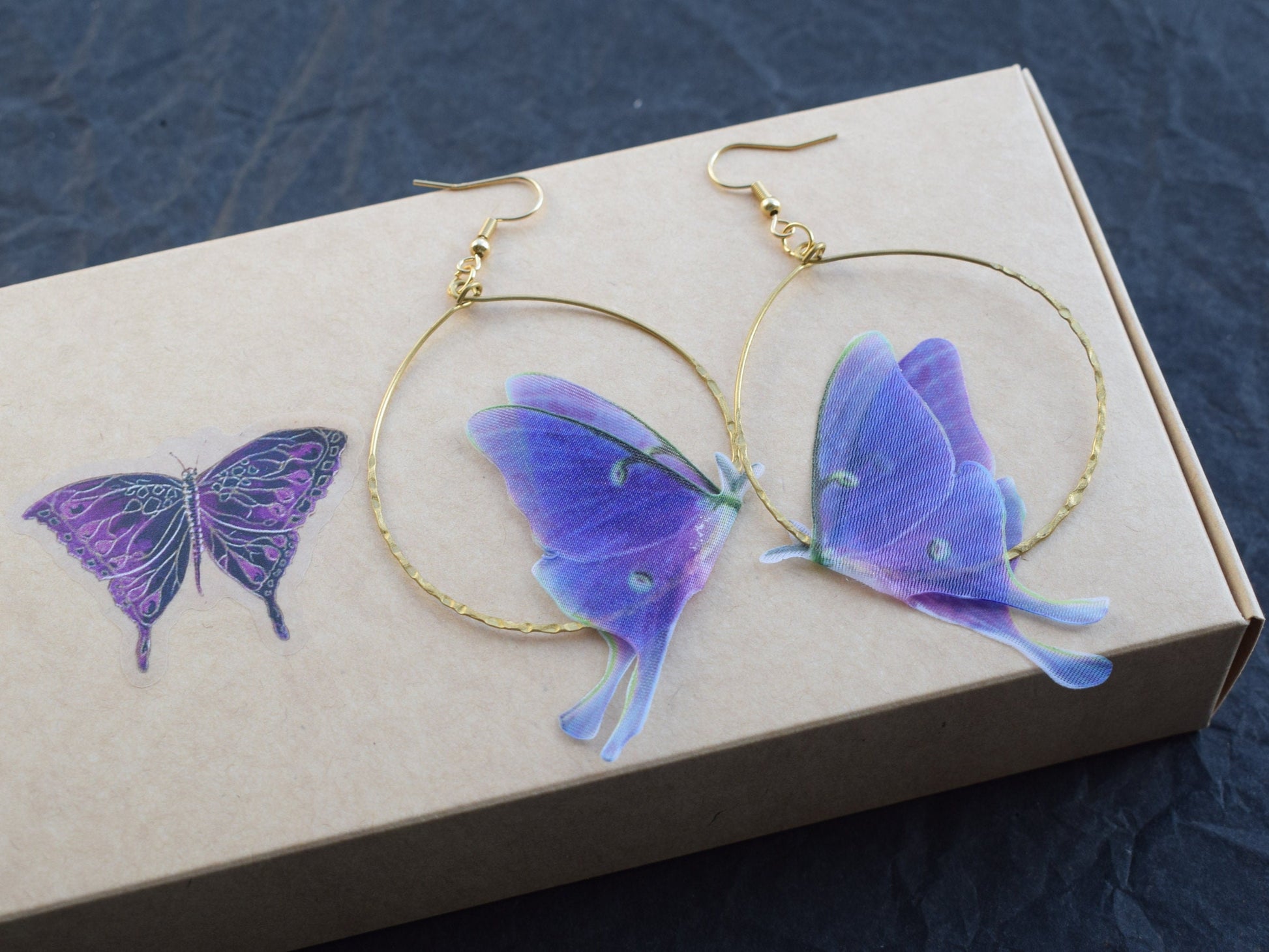 Purple Luna Moth Hoop Earrings and Hair Clip with silk organza moving wings jewelry gift for girl and woman