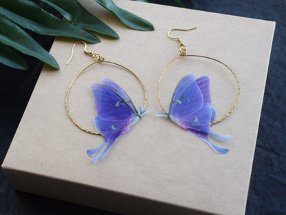 Purple Luna Moth Hoop Earrings and Hair Clip with silk organza moving wings jewelry gift for girl and woman