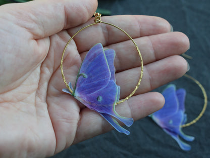 Purple Luna Moth Hoop Earrings and Hair Clip with silk organza moving wings jewelry gift for girl and woman