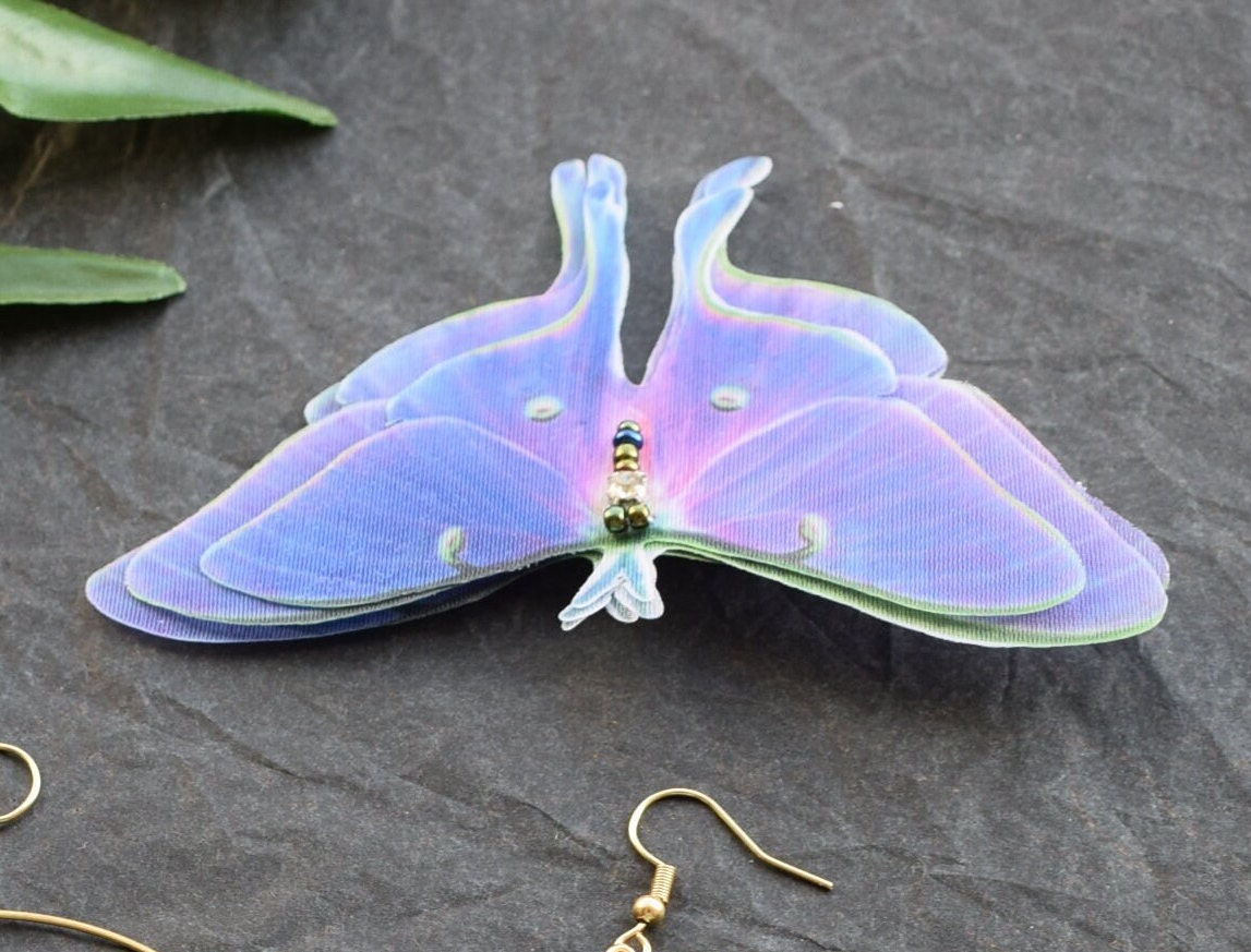 Purple Luna Moth Hoop Earrings and Hair Clip with silk organza moving wings jewelry gift for girl and woman