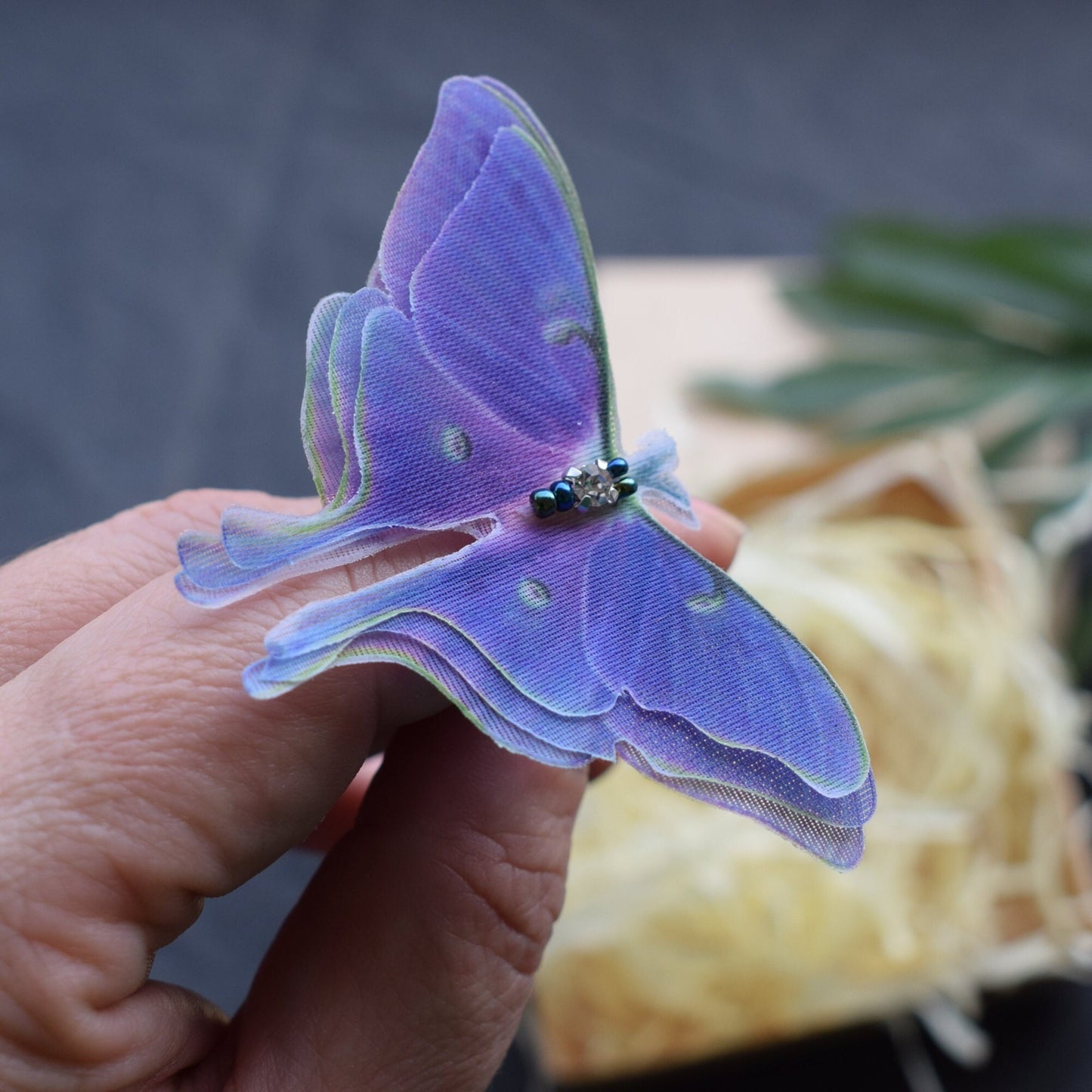 Purple silk luna moth butterfly unique ring adjustable size