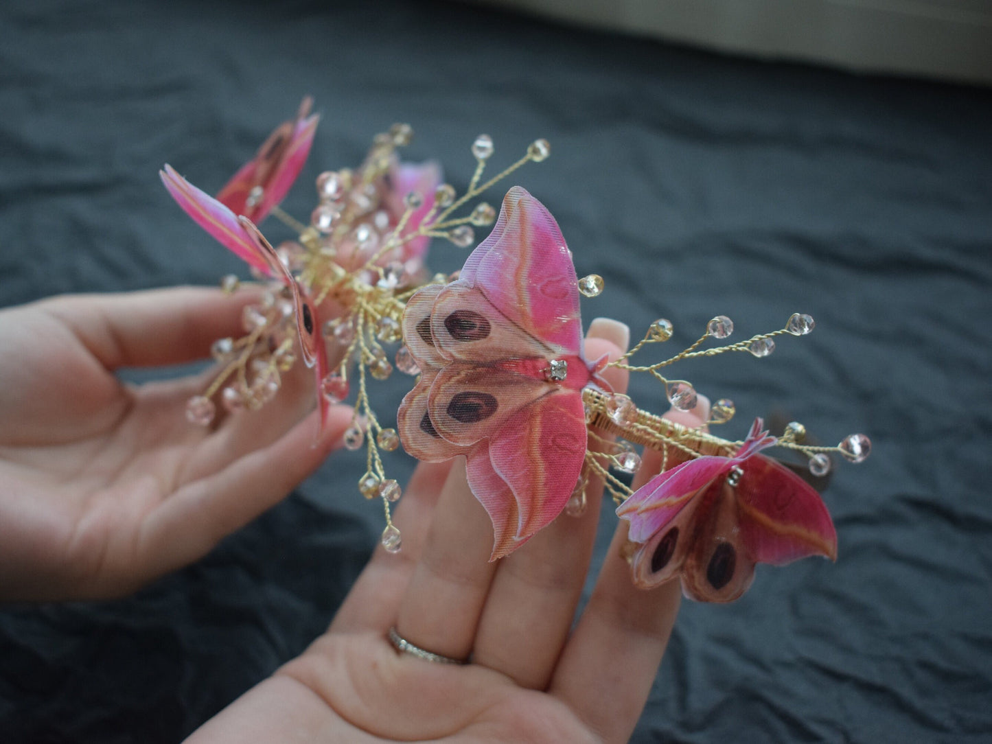 Pink maple silk moth butterfly hair piece accessories