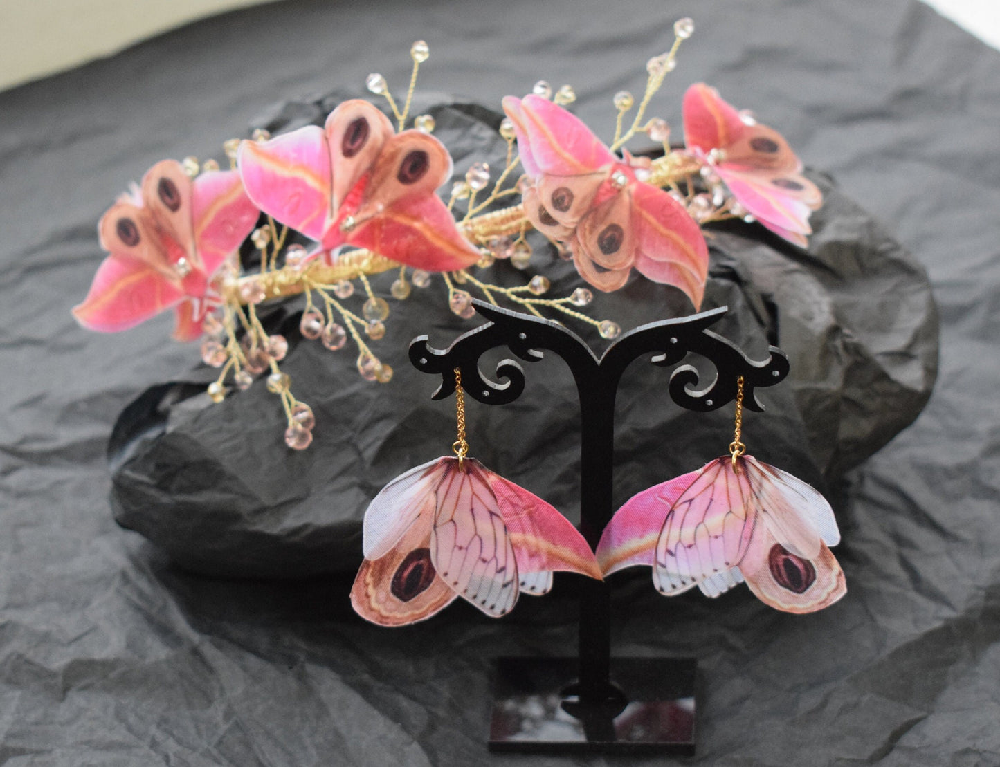 Pink maple silk moth butterfly hair piece accessories