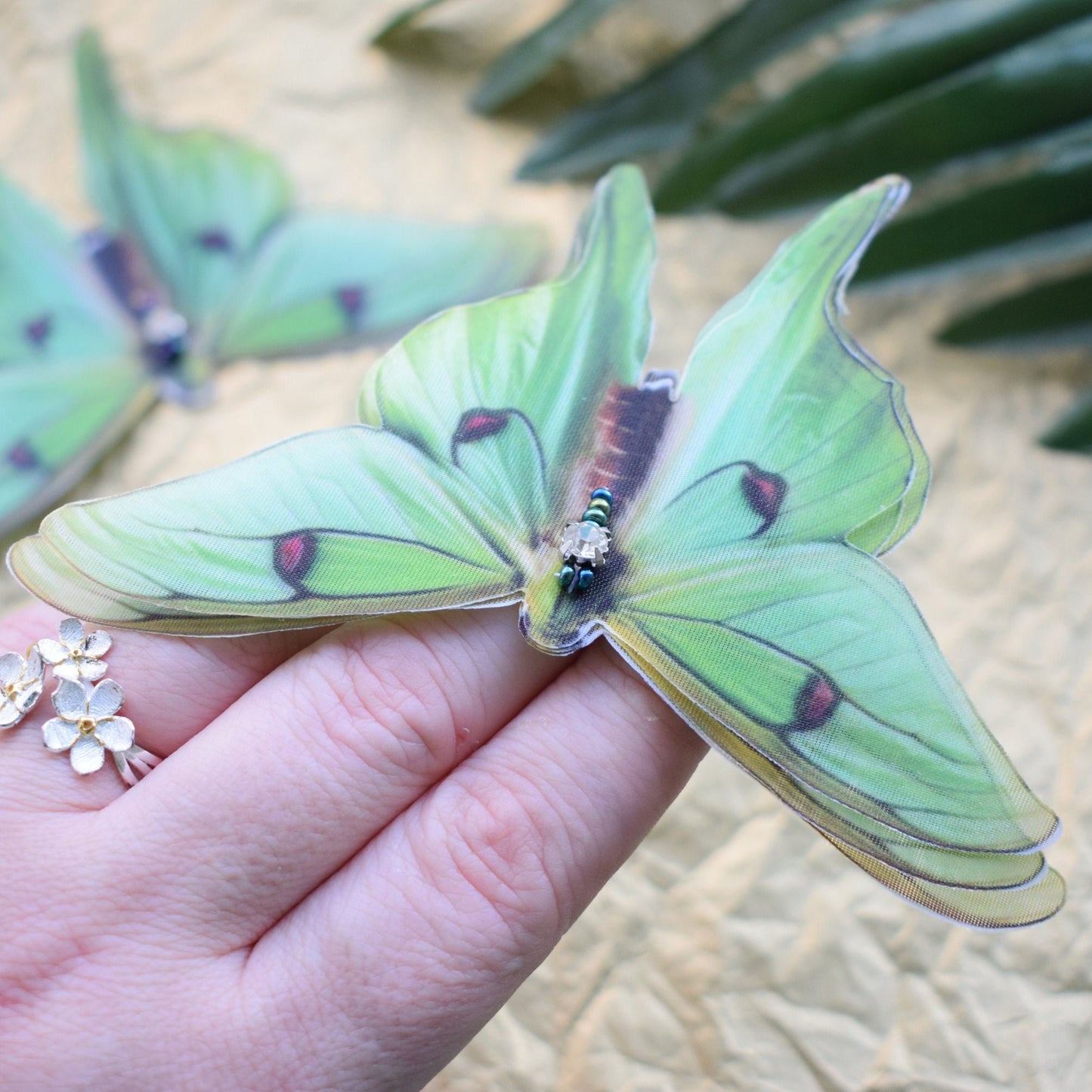 Silk olive luna moth hair clips