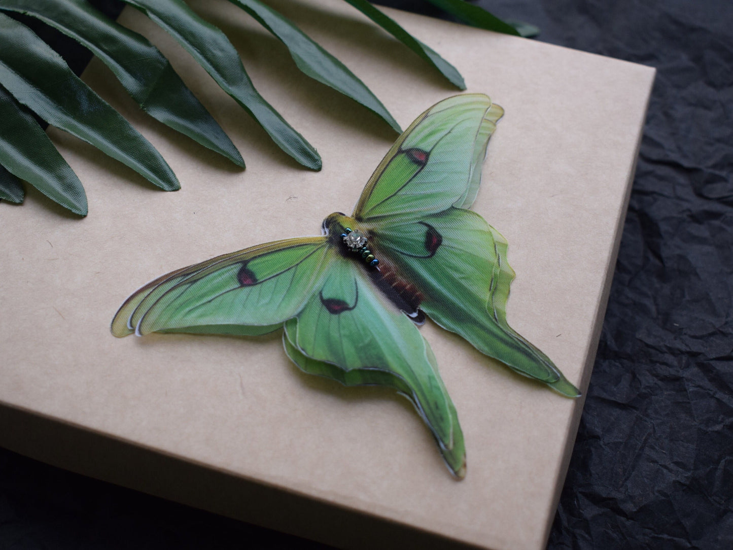 Silk olive luna moth hair clips