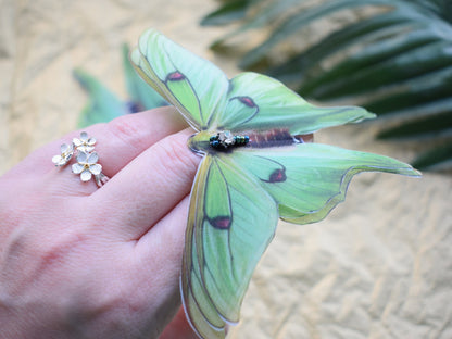 Silk olive luna moth hair clips