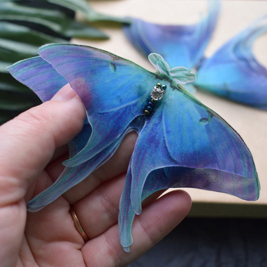 Silk blue luna moth extra large lapel pin brooch