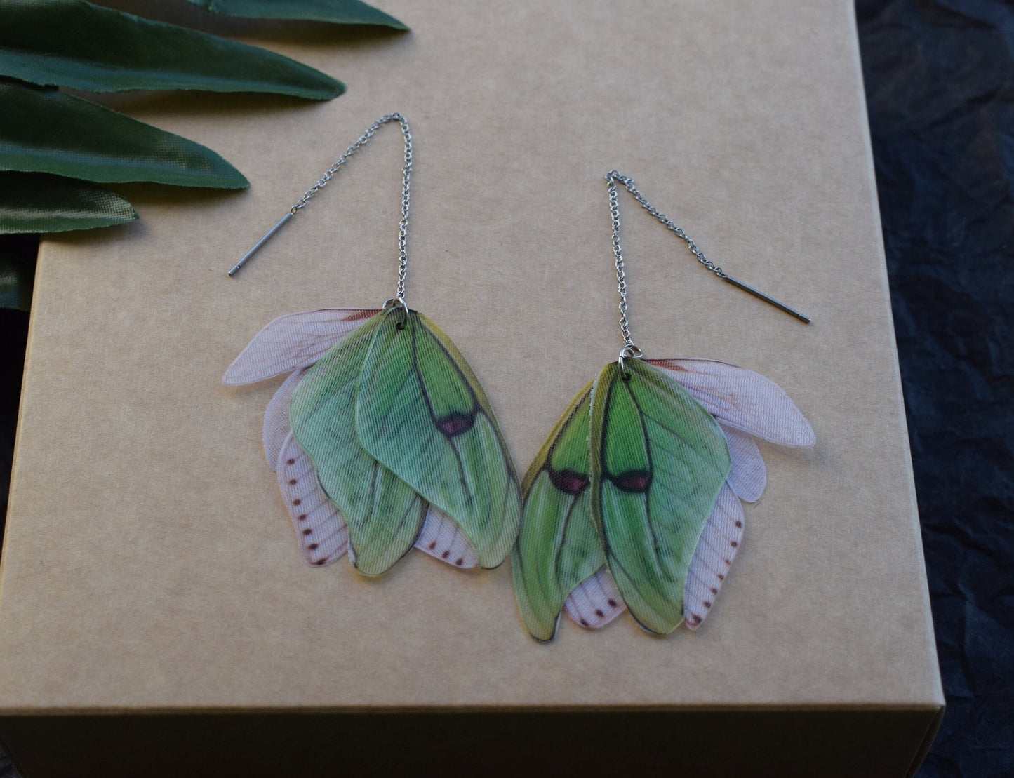 Silk olive green luna moth earrings set with hair clip