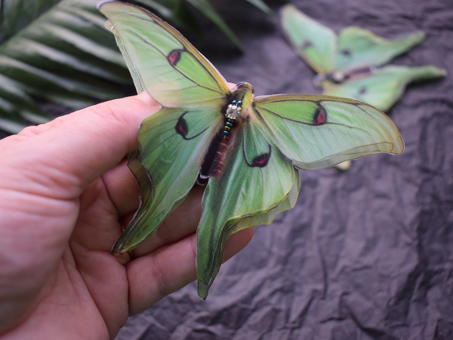 Silk olive green luna moth earrings set with hair clip