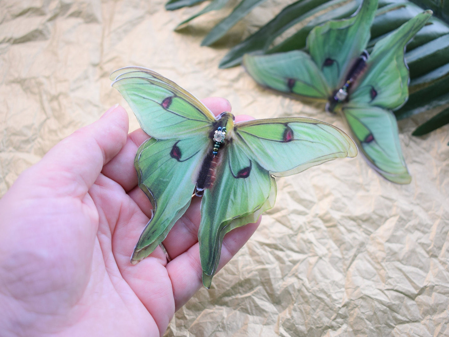 Silk olive luna moth hair clips