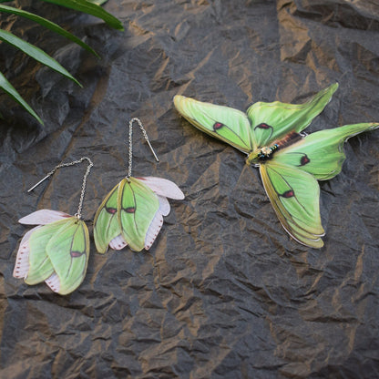 Silk olive green luna moth earrings set with hair clip