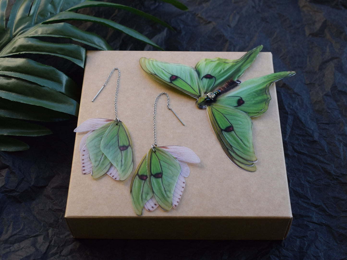 Silk olive green luna moth earrings set with hair clip