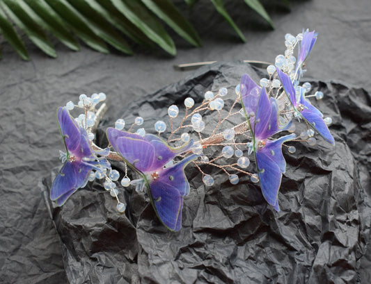 Silk Luna moth headband moonstone crystals and gold wire